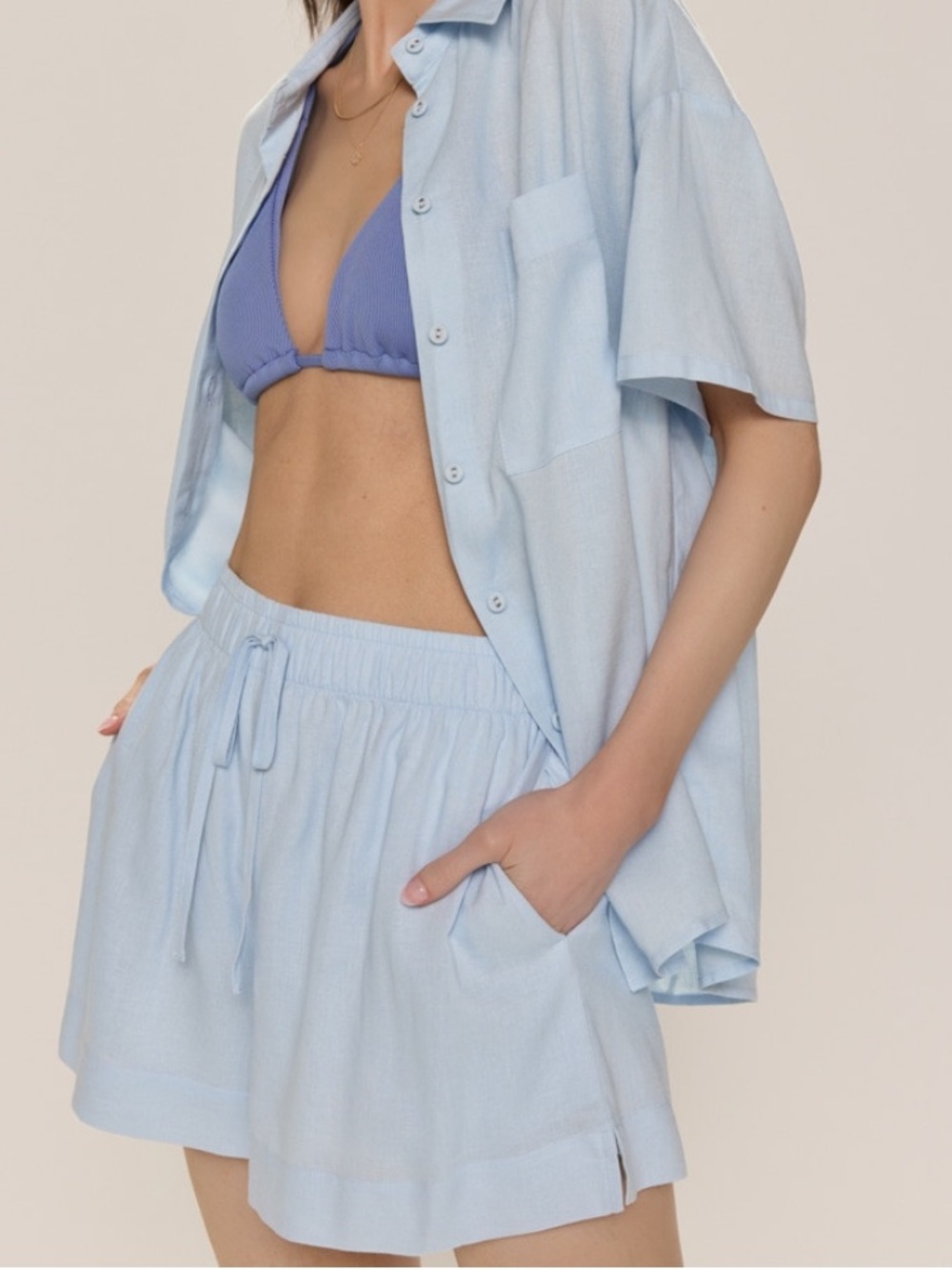 NWT Francesca’s Gina Linen Shorts Pull on with pockets light blue